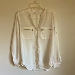 Calvin Klein Small Off White Gold Button Up Blouse